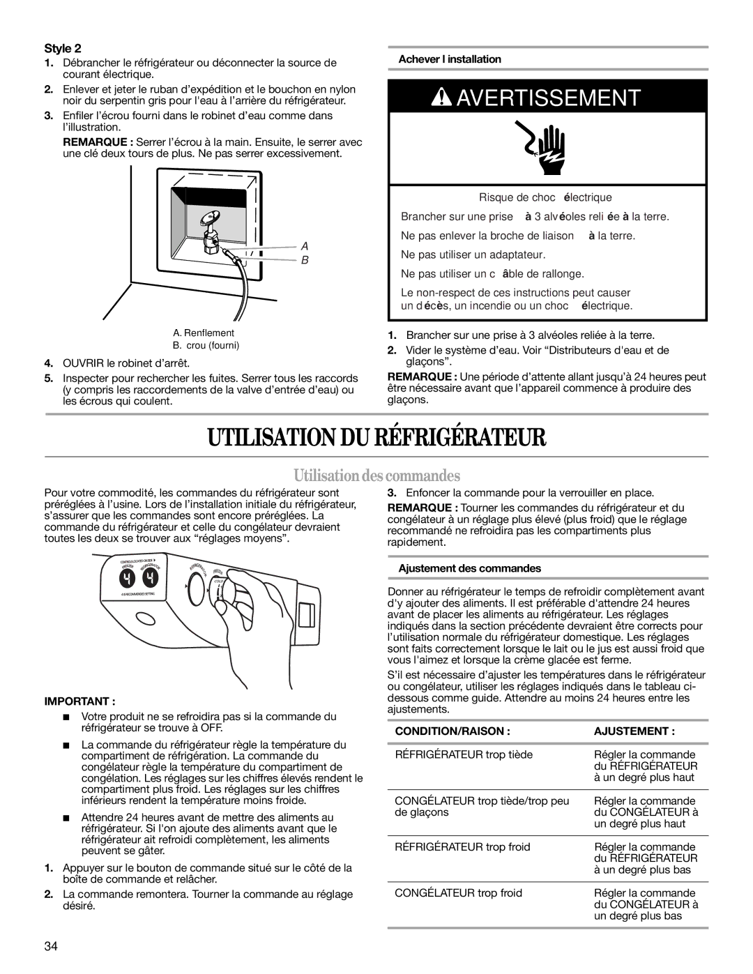 Whirlpool GD5NHAXSB00 warranty Utilisation DU Réfrigérateur, Utilisationdescommandes, Achever l’installation 