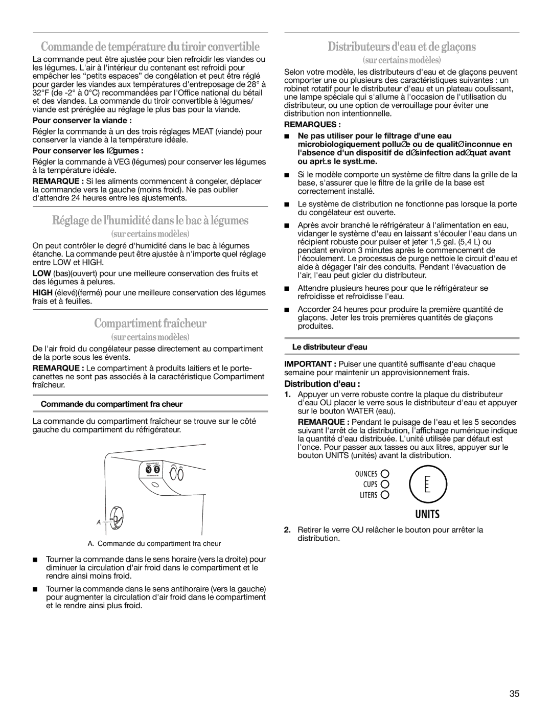 Whirlpool GD5NHAXSB00 warranty Réglagedelhumiditédans lebacà légumes, Compartimentfraîcheur, Distributeurs deauetdeglaçons 