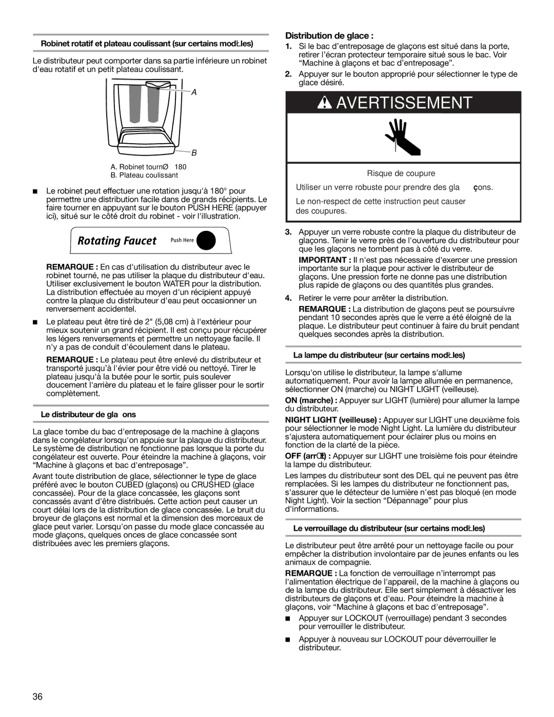 Whirlpool GD5NHAXSB00 warranty Distribution de glace, Robinet rotatif et plateau coulissant sur certains modèles 