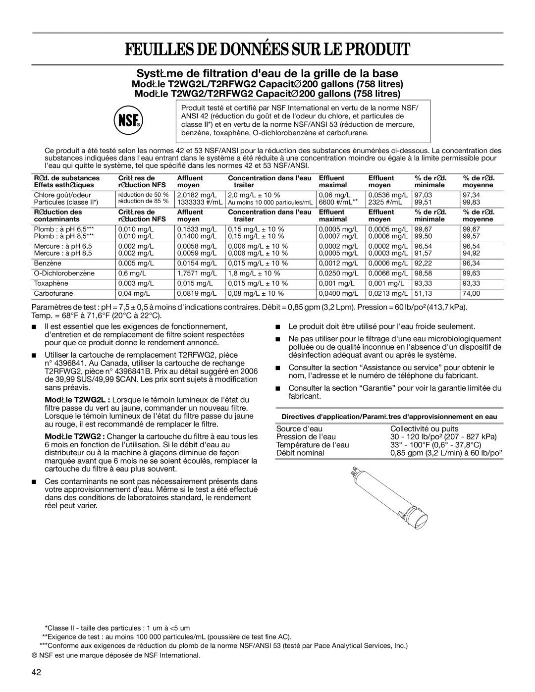 Whirlpool GD5NHAXSB00 warranty Feuilles DE Données SUR LE Produit, Système de filtration deau de la grille de la base 