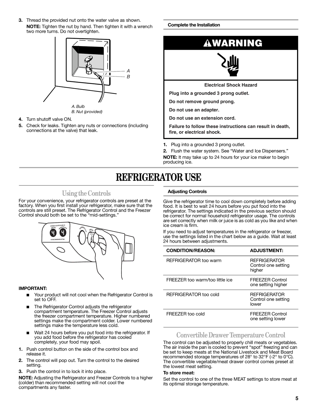 Whirlpool GD5NHAXSB00 warranty Refrigerator USE, UsingtheControls, Convertible DrawerTemperature Control 