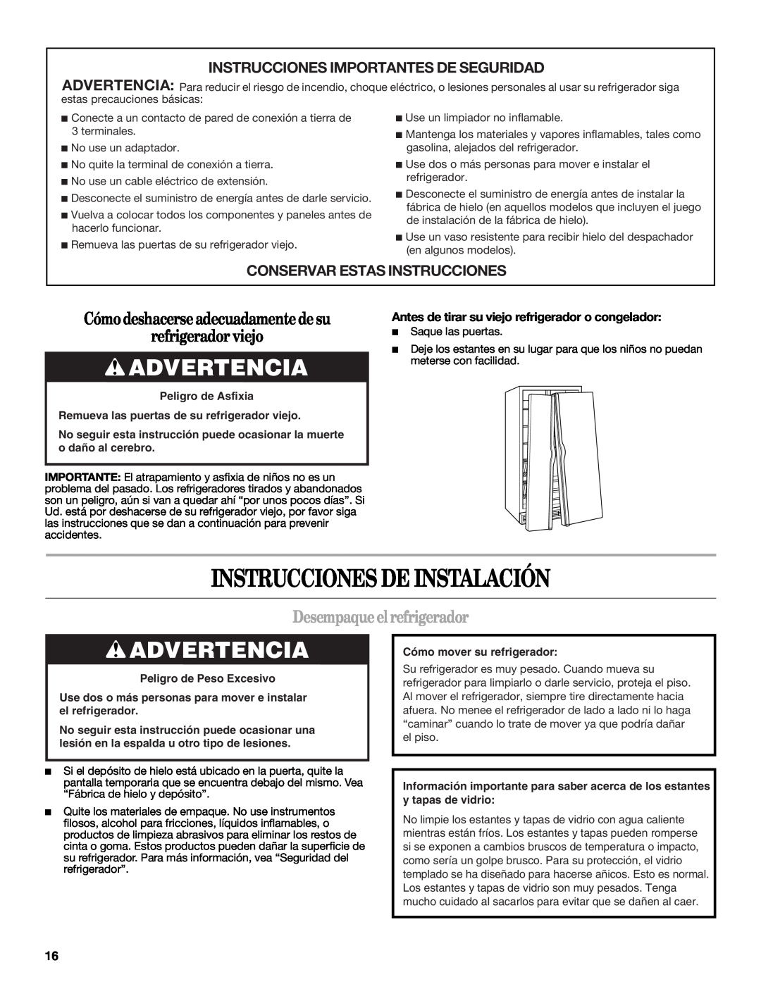 Whirlpool GD5NHAXSB00 Instrucciones De Instalación, Advertencia, Cómodeshacerseadecuadamentedesu refrigerador viejo 