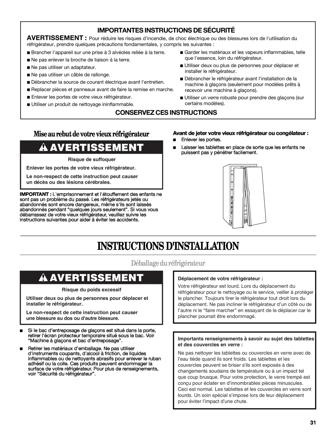Whirlpool GD5NHAXSB00 warranty Instructions Dinstallation, Avertissement, Miseau rebutdevotrevieuxréfrigérateur 