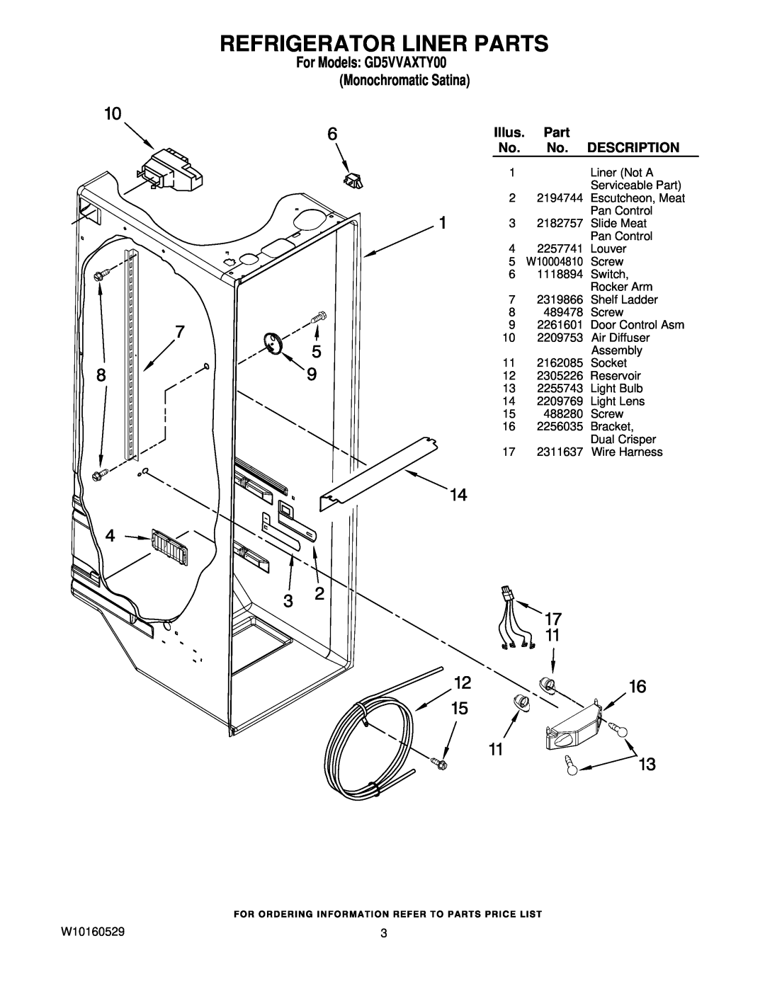 Whirlpool manual Refrigerator Liner Parts, For Models GD5VVAXTY00 Monochromatic Satina, Illus, Description 