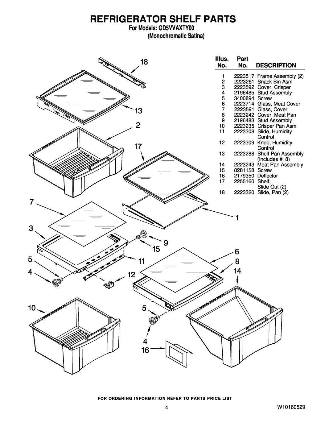 Whirlpool manual Refrigerator Shelf Parts, For Models GD5VVAXTY00 Monochromatic Satina, Illus, Description 