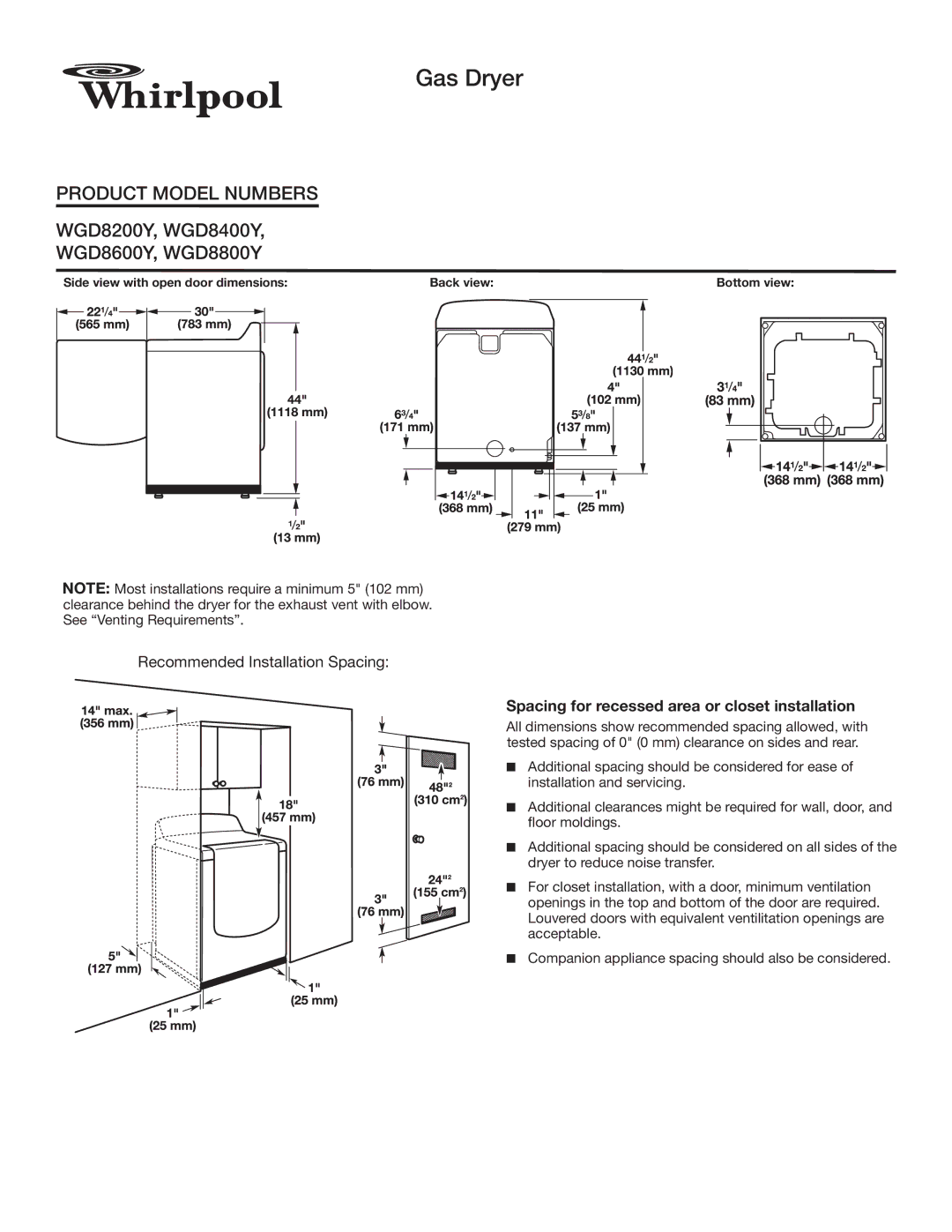 Whirlpool GD8200Y dimensions Gas Dryer, Spacing for recessed area or closet installation 