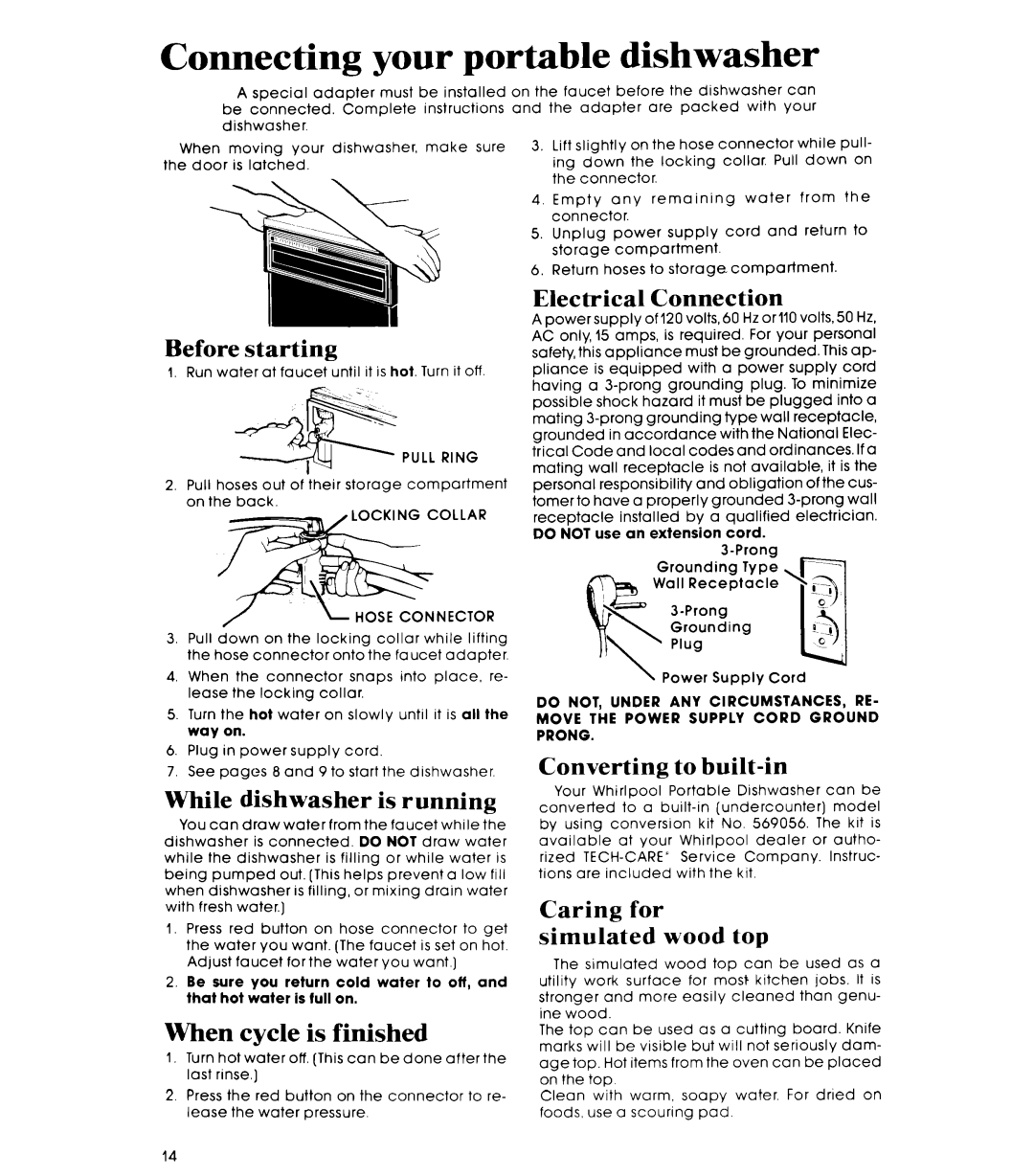 Whirlpool GDP6000XR manual Connecting your portable dishwasher, When cycle is finished 