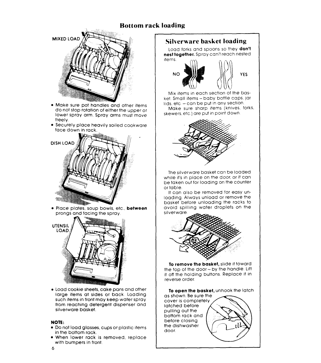 Whirlpool GDP6000XR manual Bottom rack loading Silverware basket loading 