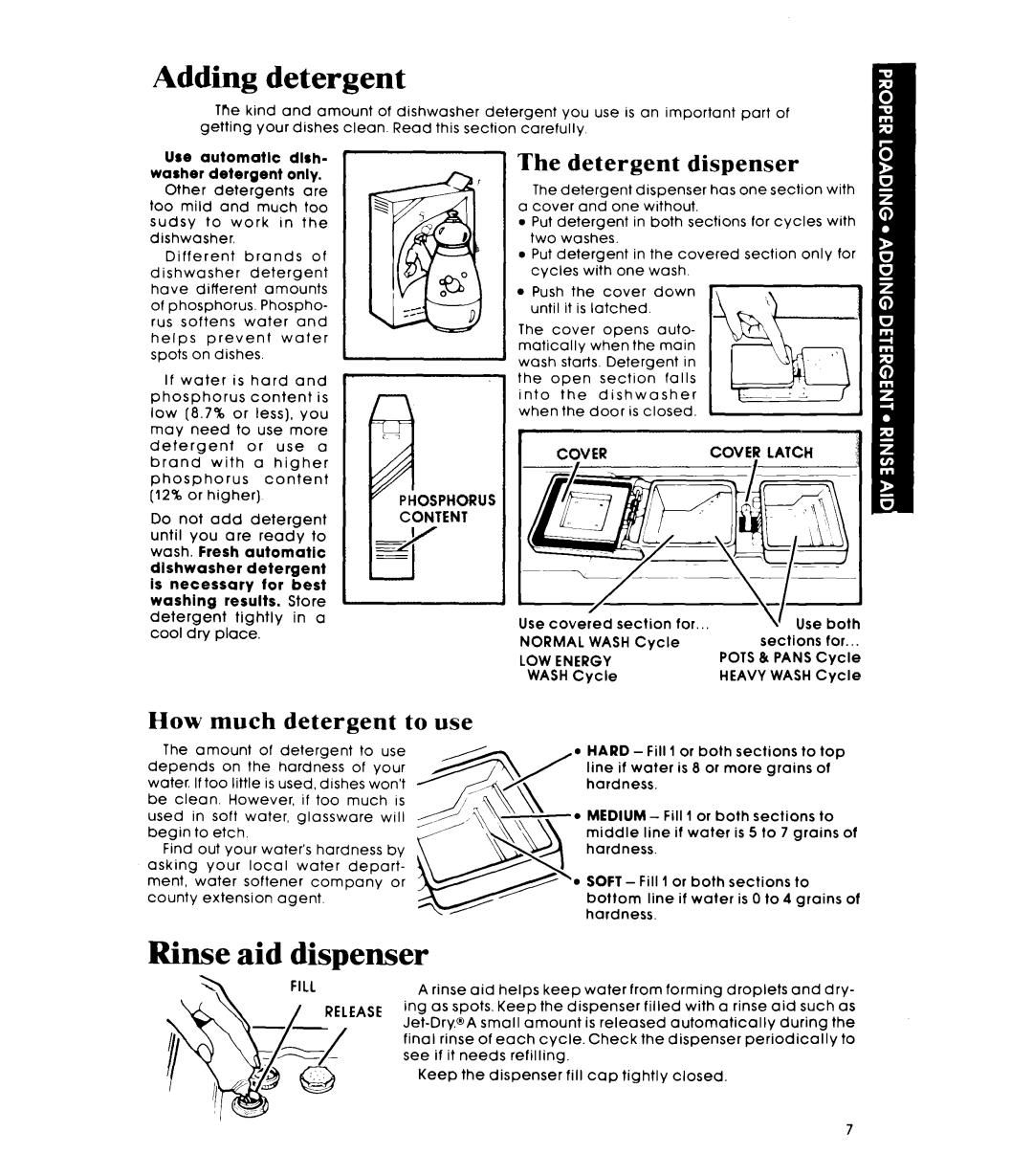 Whirlpool GDP6000XR manual Adding detergent, Rinse aid dispenser, Detergent dispenser, How much detergent to use 