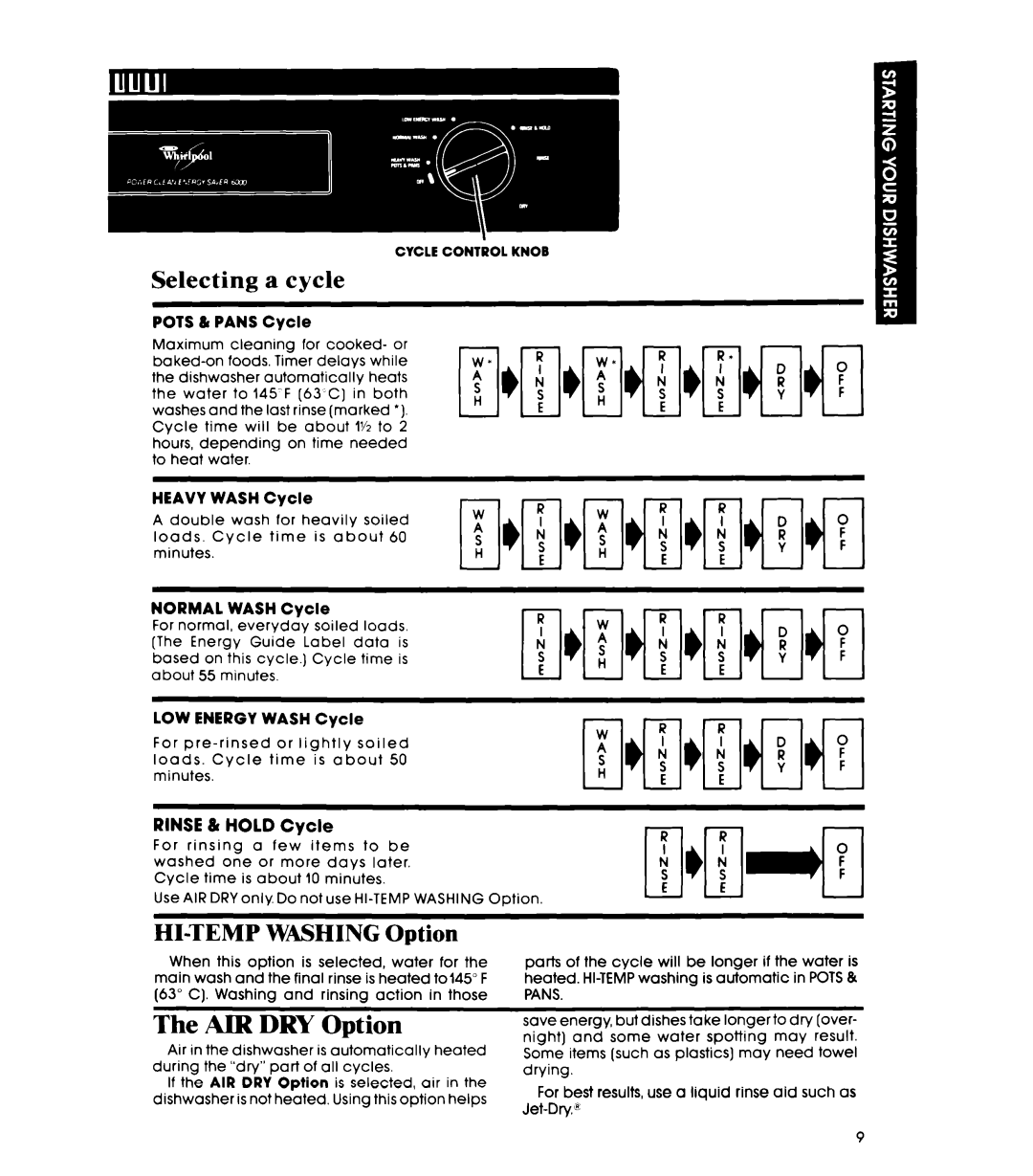 Whirlpool GDP6000XR manual Selecting a cycle, HI-TEMP Washing Option, AIR DRY Option 