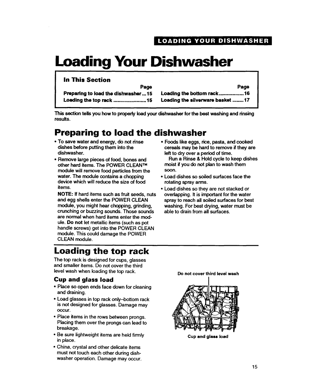 Whirlpool GDP8500 Loading Your Dishwasher, Preparing to load the dishwasher, Loading the top rack, This Section PagePage 