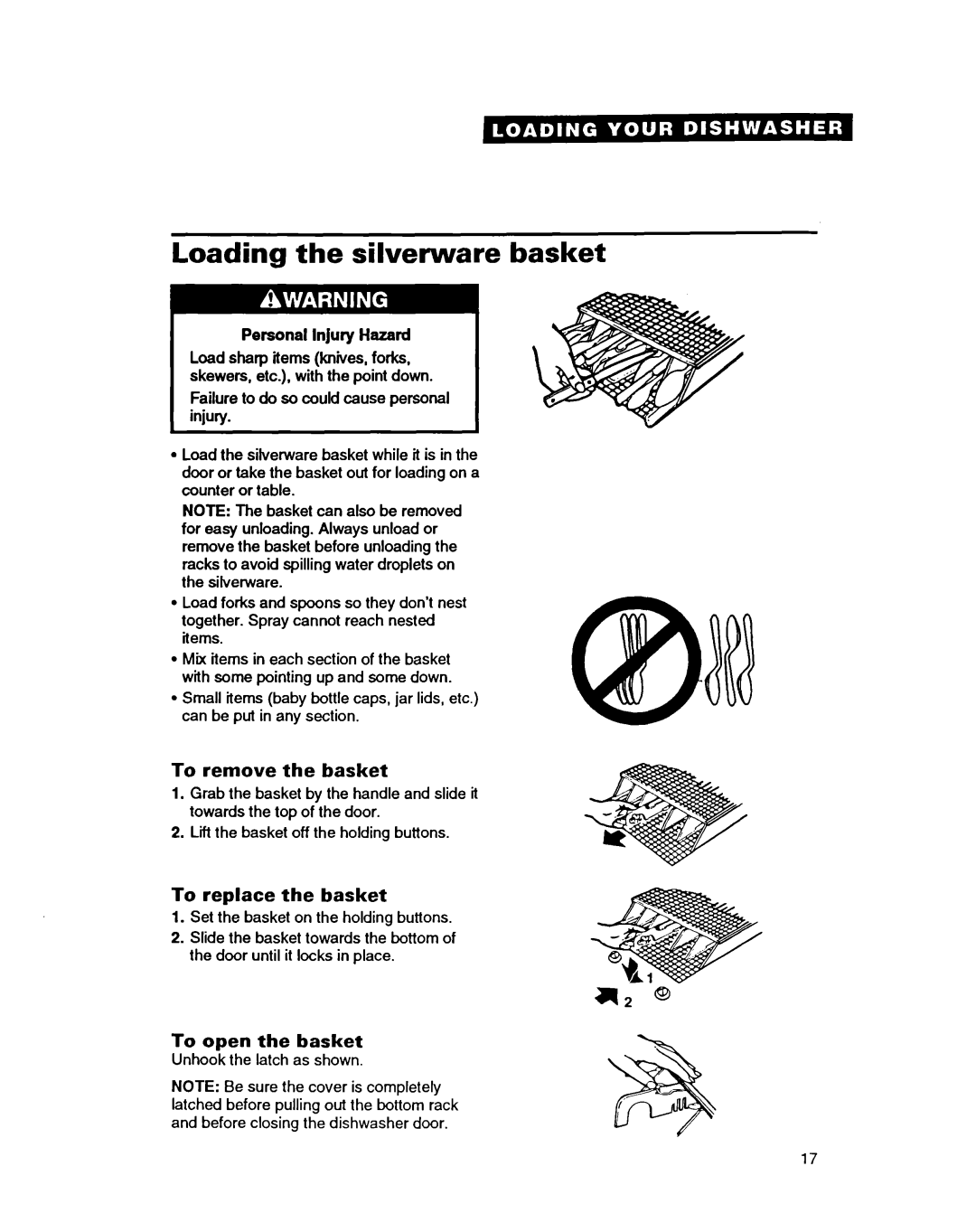 Whirlpool GDP8500 warranty Loading the silverware basket, To remove the basket, To replace the basket, To open the basket 