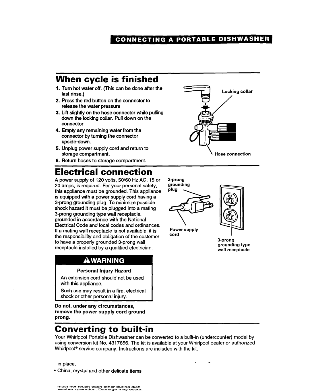 Whirlpool GDP8500 warranty When cycle is finished, Electrical connection, Converting to built-in 