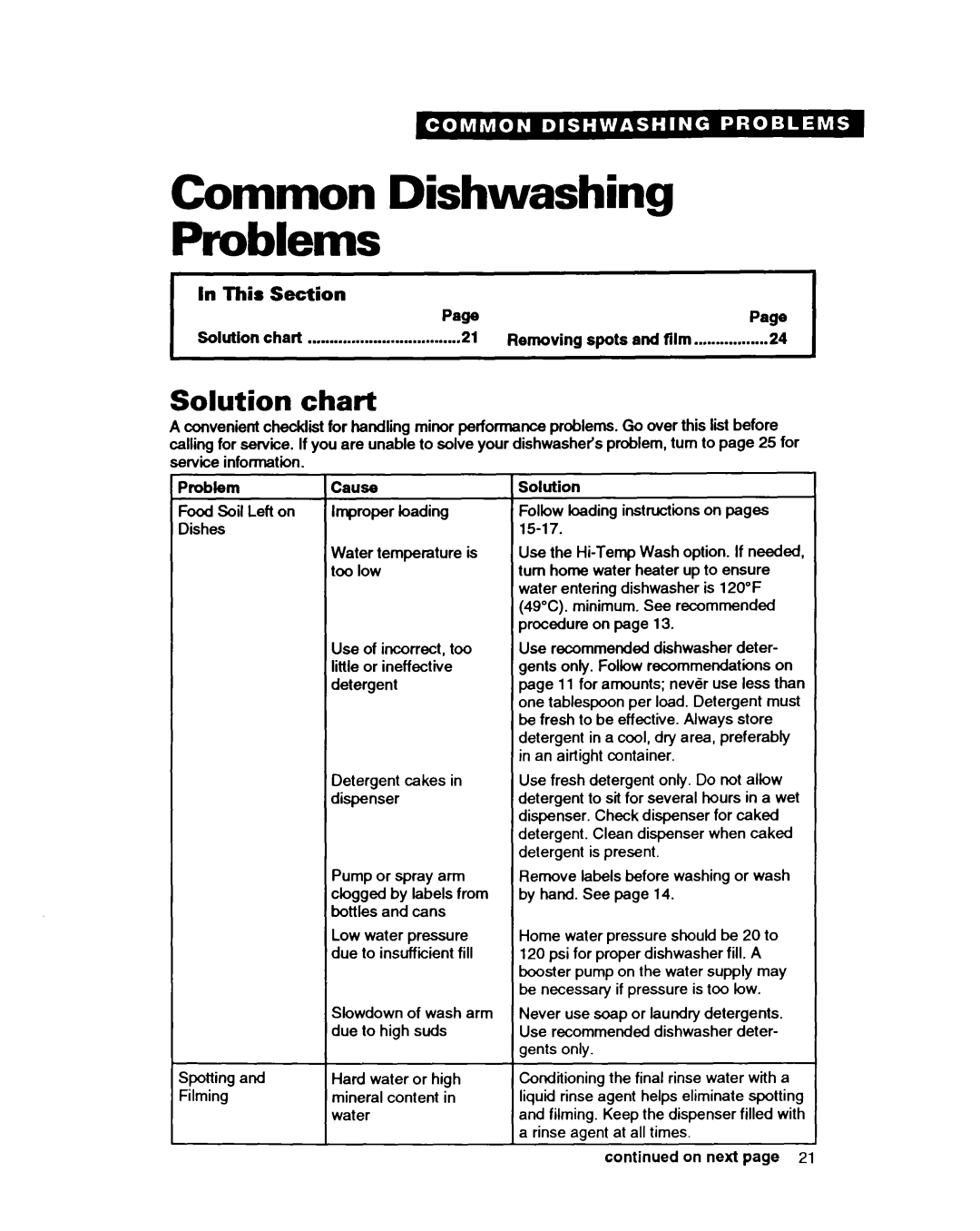 Whirlpool GDP8500 warranty Common Dishwashing Problems, Solution chart 