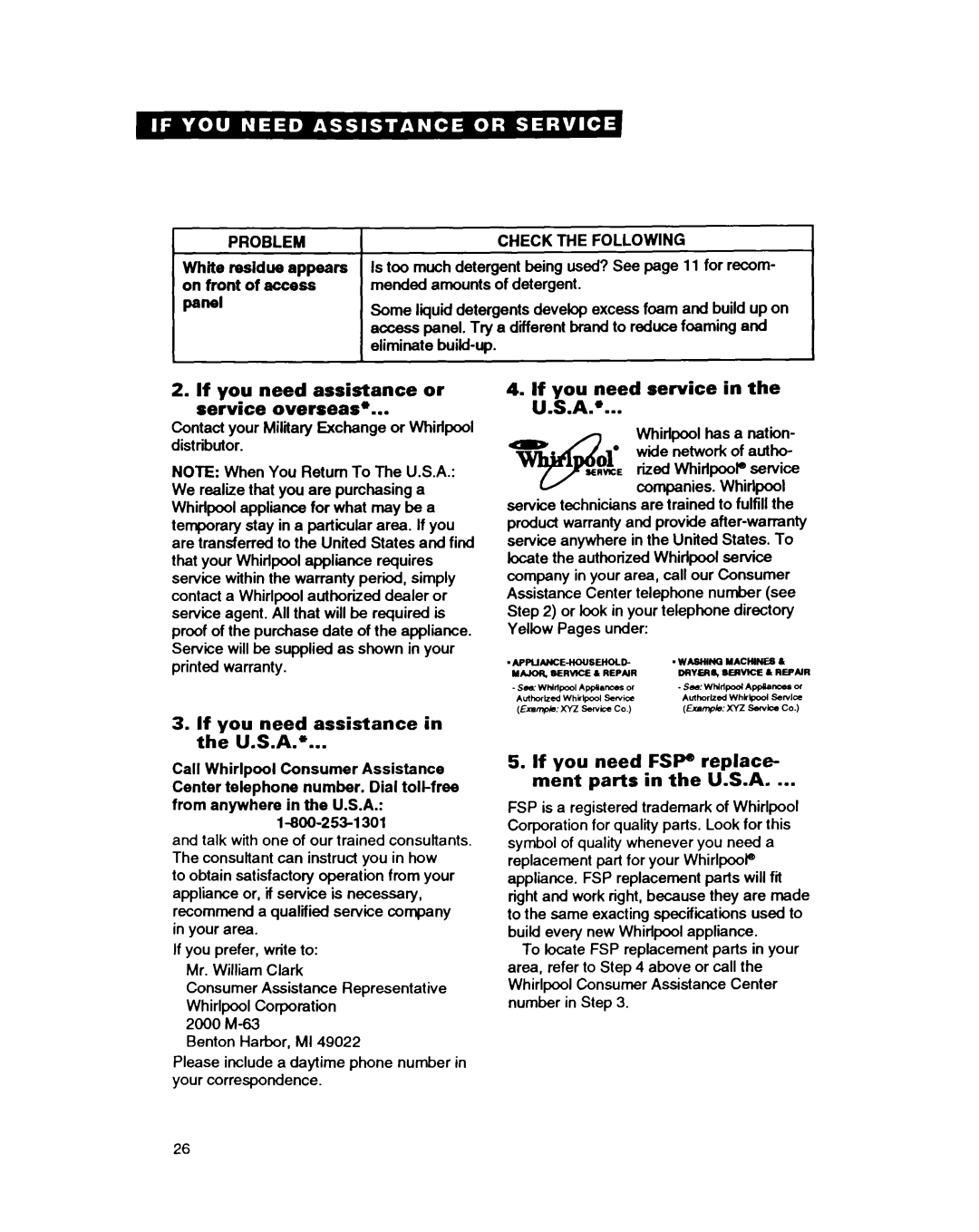 Whirlpool GDP8500 warranty If you need assistance or Service overseas, If you need service in the U.S.A, Panel 