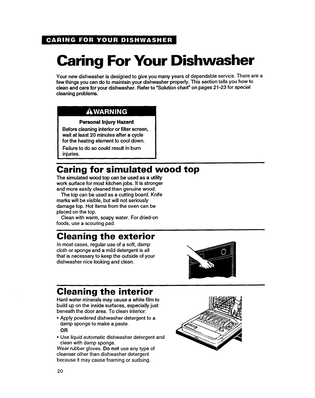 Whirlpool GDP8500 Caring For Your Dishwasher, Caring for simulated wood top, Cleaning the exterior, Cleaning the interior 