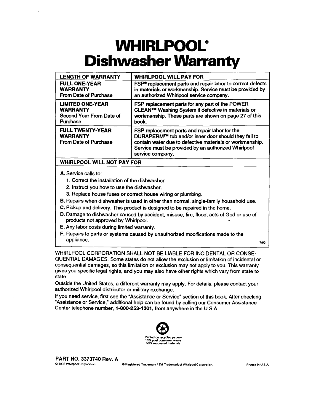 Whirlpool GDP8500 Whirlpool”, Dishwasher, Length Of Warranty, Whirlpool Will Pay For, Full One-Year, Limited One-Year 