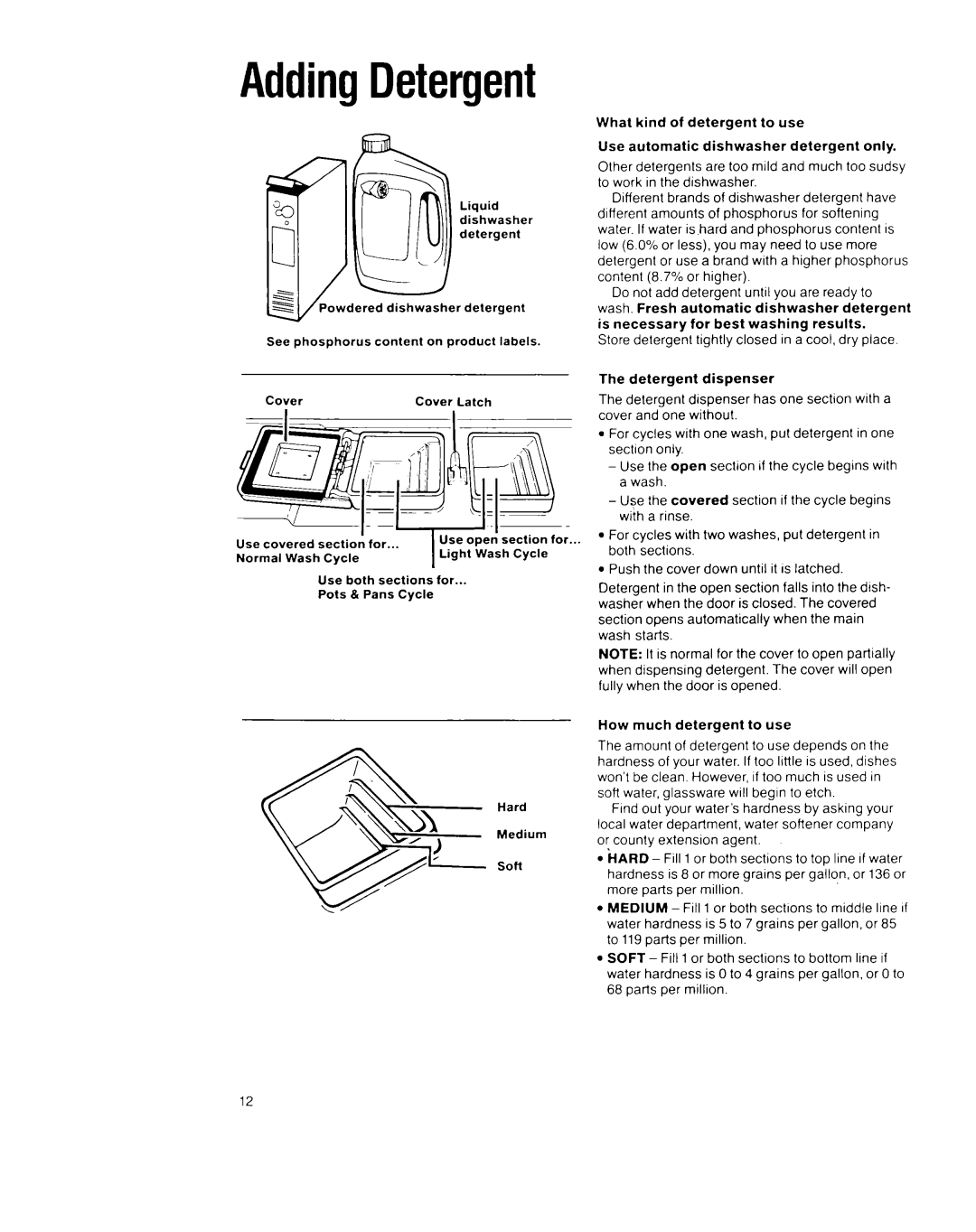 Whirlpool GDP8500XX manual AddingDetergent, Use both sections for Pots & Pans Cycle Hard 