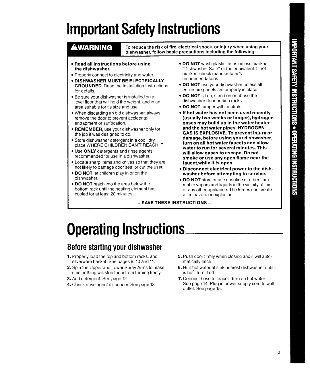 Whirlpool GDP8500XX manual ImportantSafetyInstructions, OperatingInstructions, Beforestarting your dishwasher 