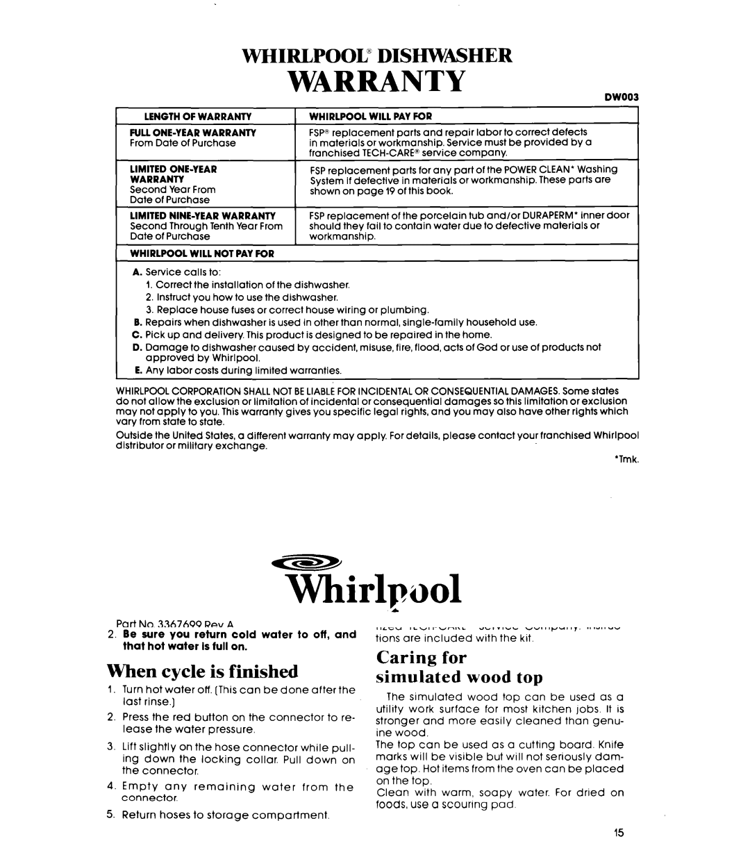 Whirlpool GDP8700XT manual Whirlpool 