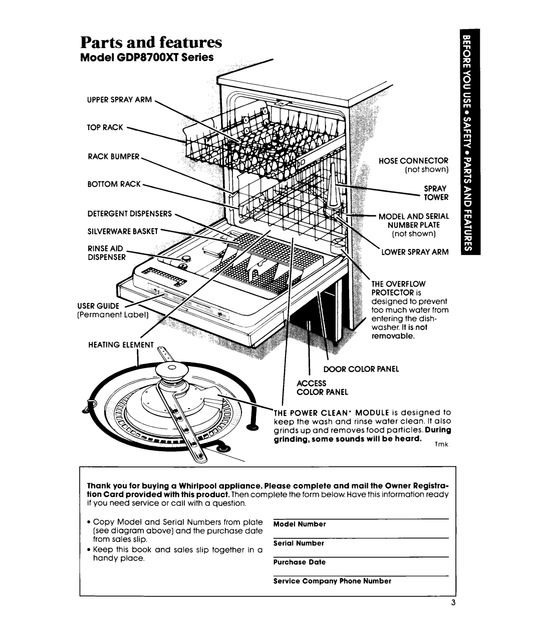 Whirlpool GDP8700XT manual Parts and features 