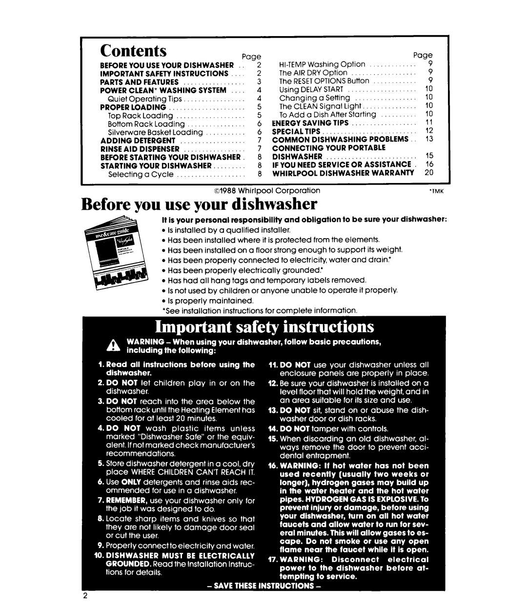 Whirlpool GDP8700XT manual Contents Page, Before you use your dishwasher 