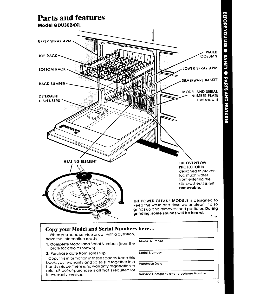 Whirlpool manual Parts and features, Copy your Model and Serial Numbers here, Model GDU3024XL 