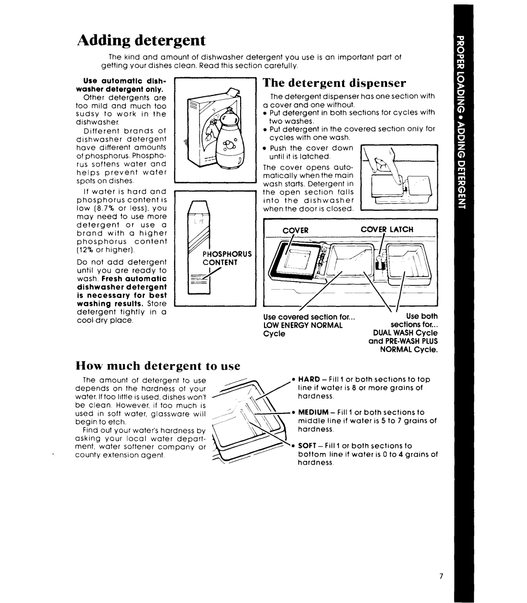 Whirlpool Dishwasher, GDU4050XP, 119 manual Adding detergent, Detergent dispenser, How much detergent to use 