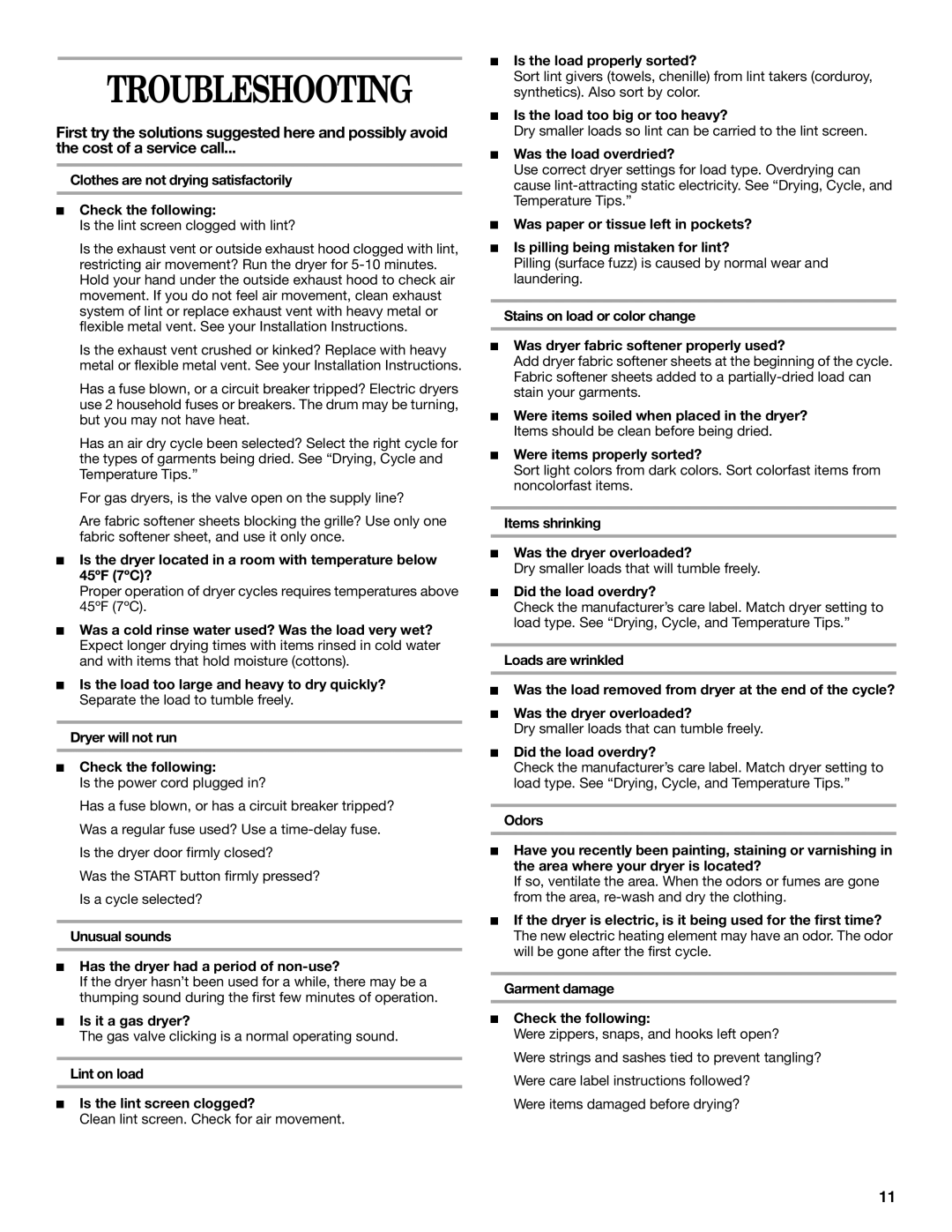 Whirlpool GEQ8821KQ0 manual Troubleshooting 