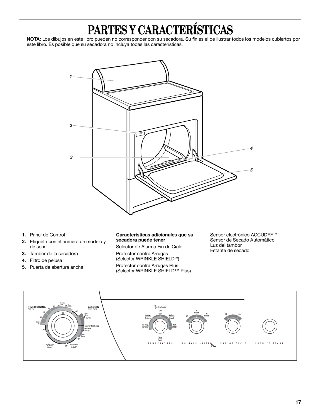 Whirlpool GEQ8821KQ0 manual Partes Y Características, Características adicionales que su secadora puede tener 