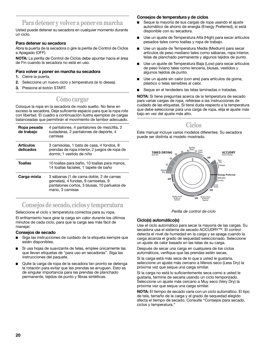 Whirlpool GEQ8821KQ0 manual Cómo cargar, Ciclos 