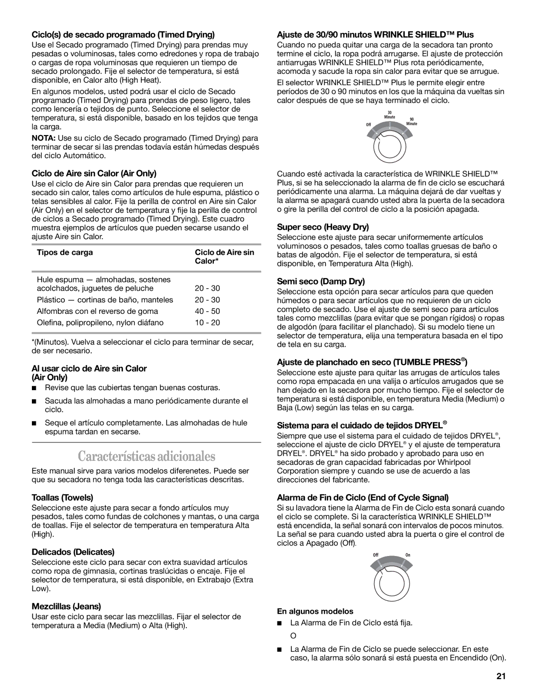 Whirlpool GEQ8821KQ0 manual Características adicionales 