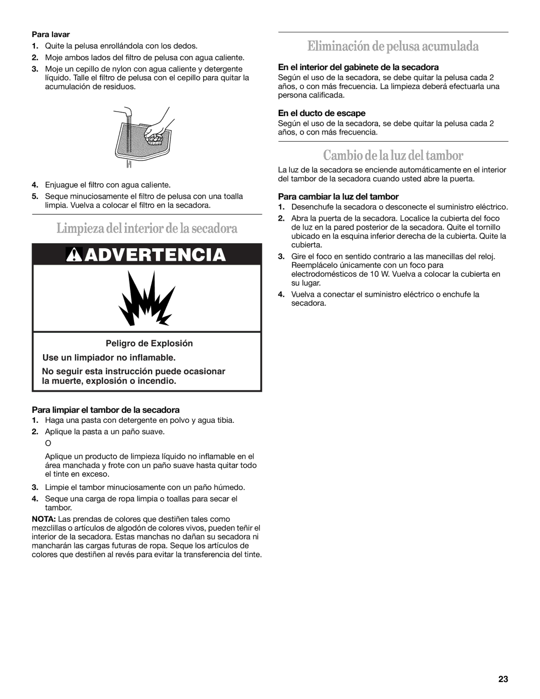 Whirlpool GEQ8821KQ0 Eliminación de pelusa acumulada, Limpieza del interior de la secadora, Cambio de la luz del tambor 