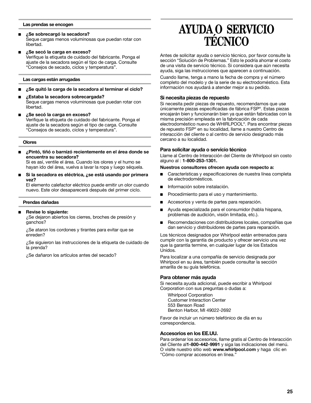 Whirlpool GEQ8821KQ0 Ayuda O Servicio Técnico, Si necesita piezas de repuesto, Para solicitar ayuda o servicio técnico 