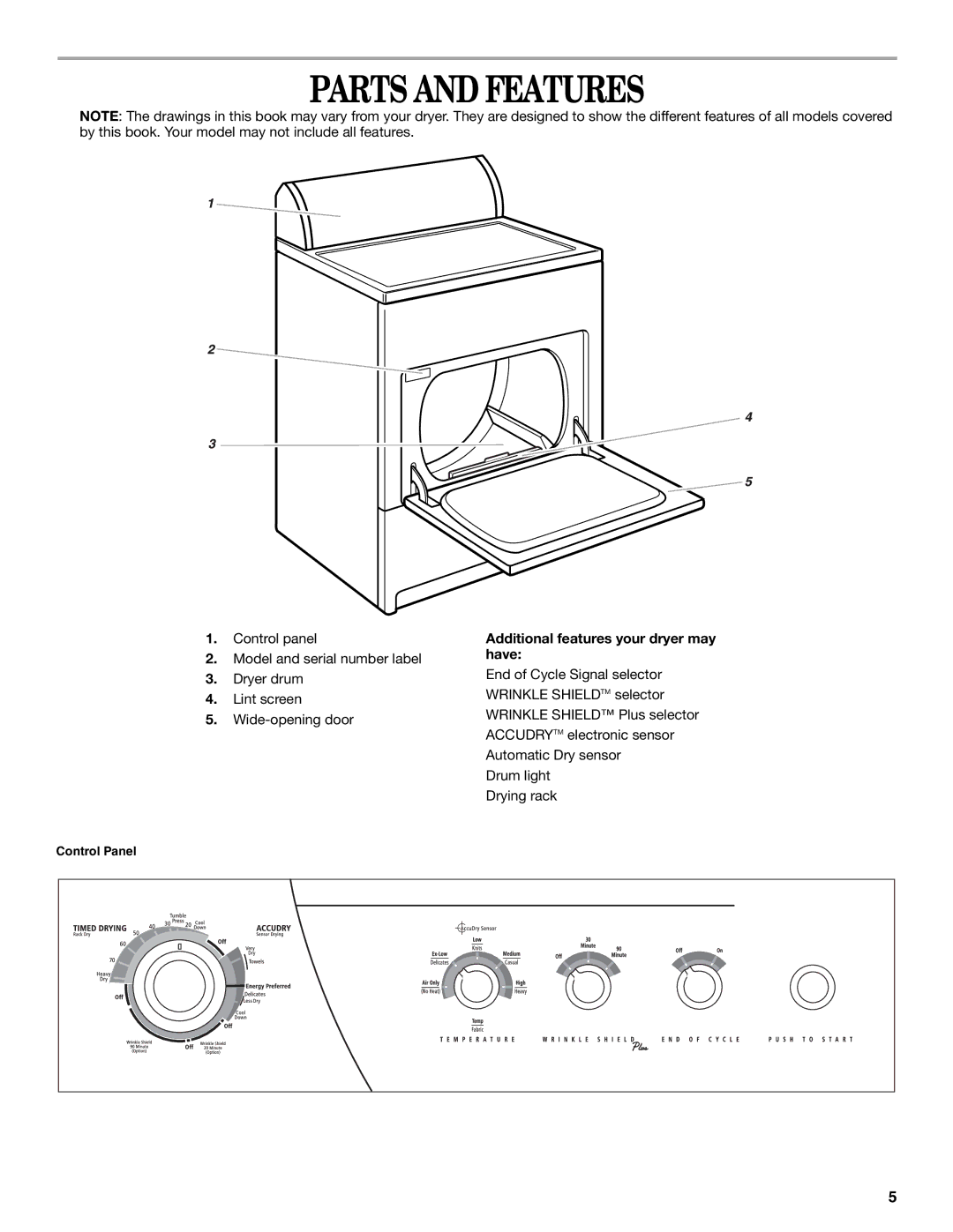 Whirlpool GEQ8821KQ0 manual Parts and Features, Additional features your dryer may have 