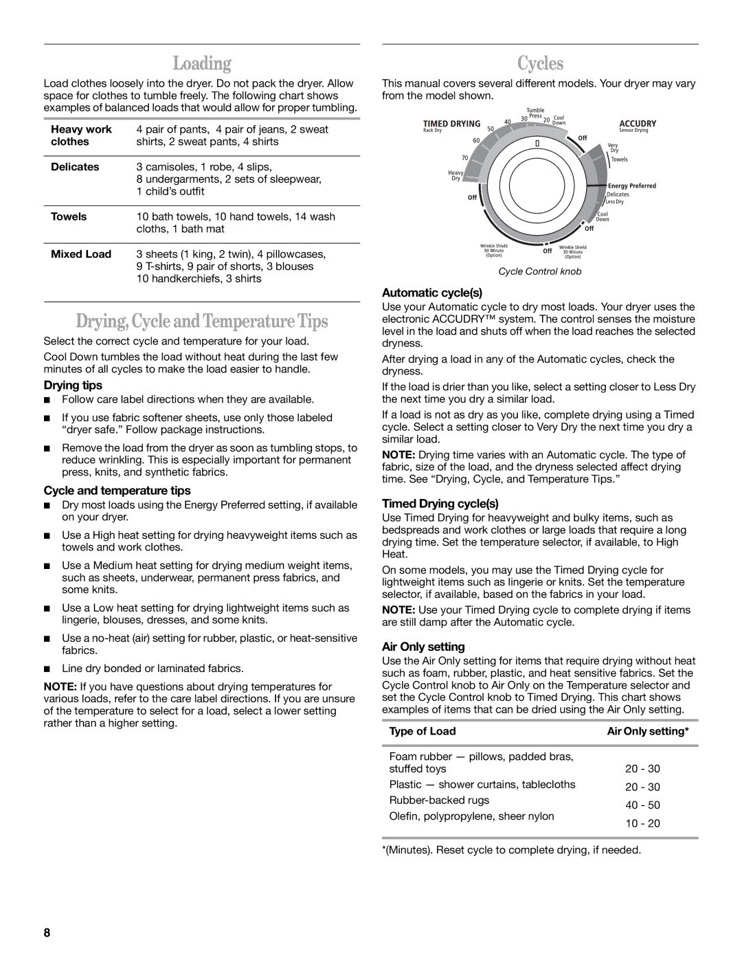 Whirlpool GEQ8821KQ0 manual Loading, Drying, Cycle and Temperature Tips, Cycles 