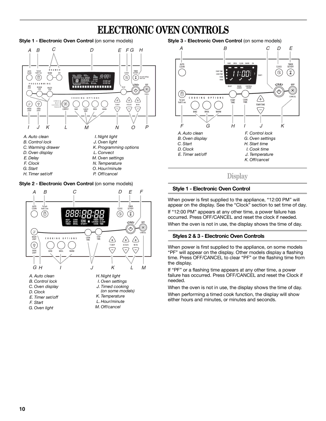 Whirlpool GERC4110PB0 manual Electronic Oven Controls, Display, Style 1 Electronic Oven Control 