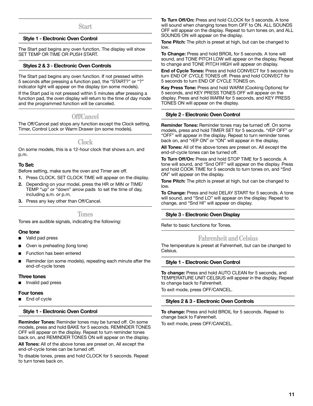 Whirlpool GERC4110PB0 manual Start, Off/Cancel, Clock, Tones, FahrenheitandCelsius 