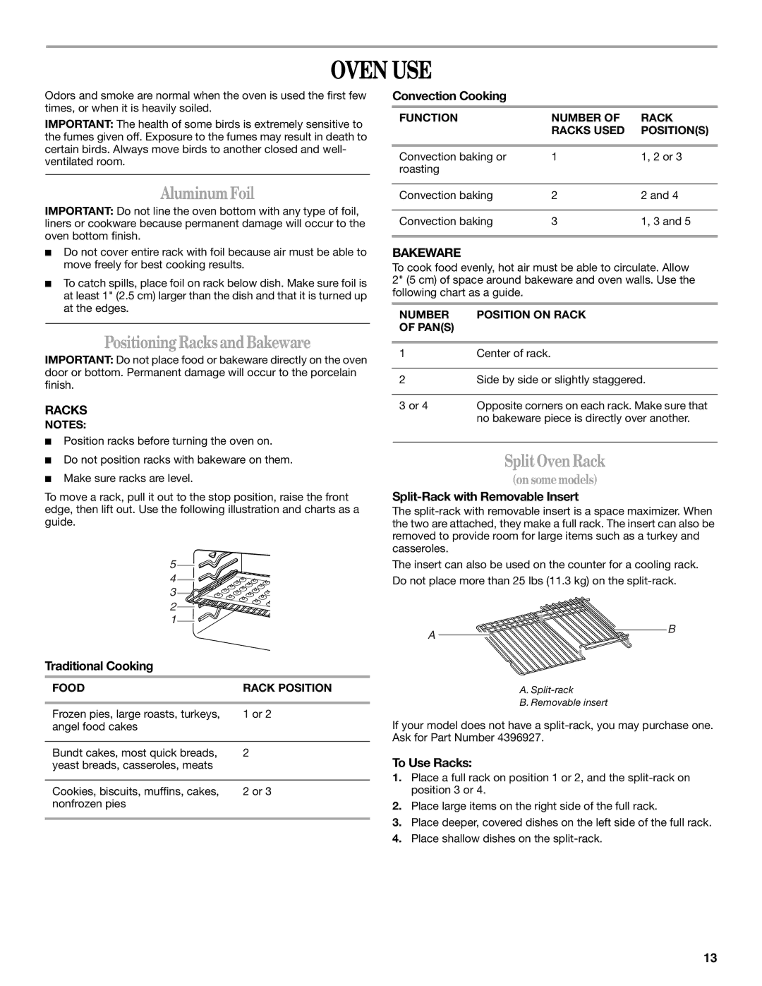 Whirlpool GERC4110PB0 manual Oven USE, AluminumFoil, Positioning RacksandBakeware, SplitOven Rack 