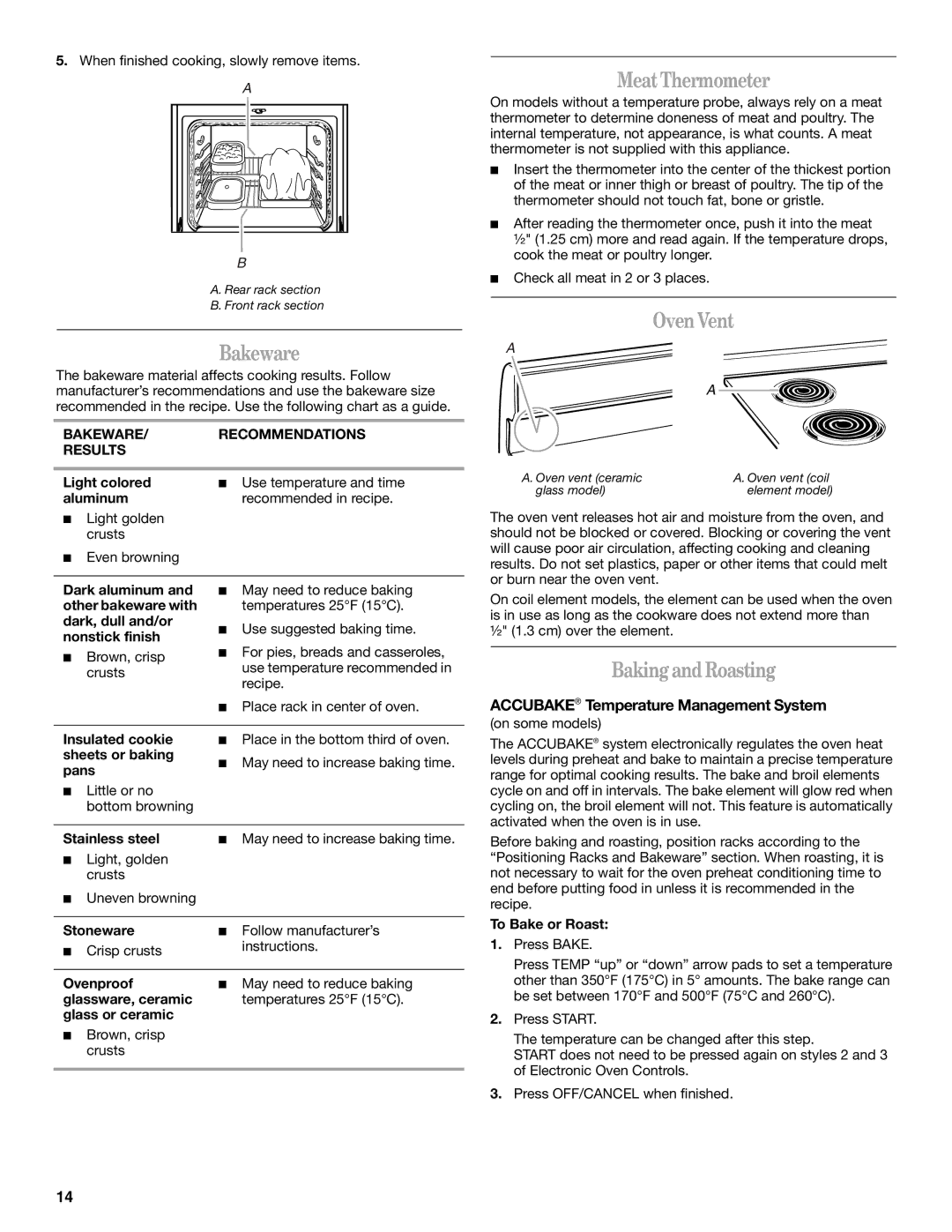 Whirlpool GERC4110PB0 Bakeware, MeatThermometer, Oven Vent, BakingandRoasting, Accubake Temperature Management System 