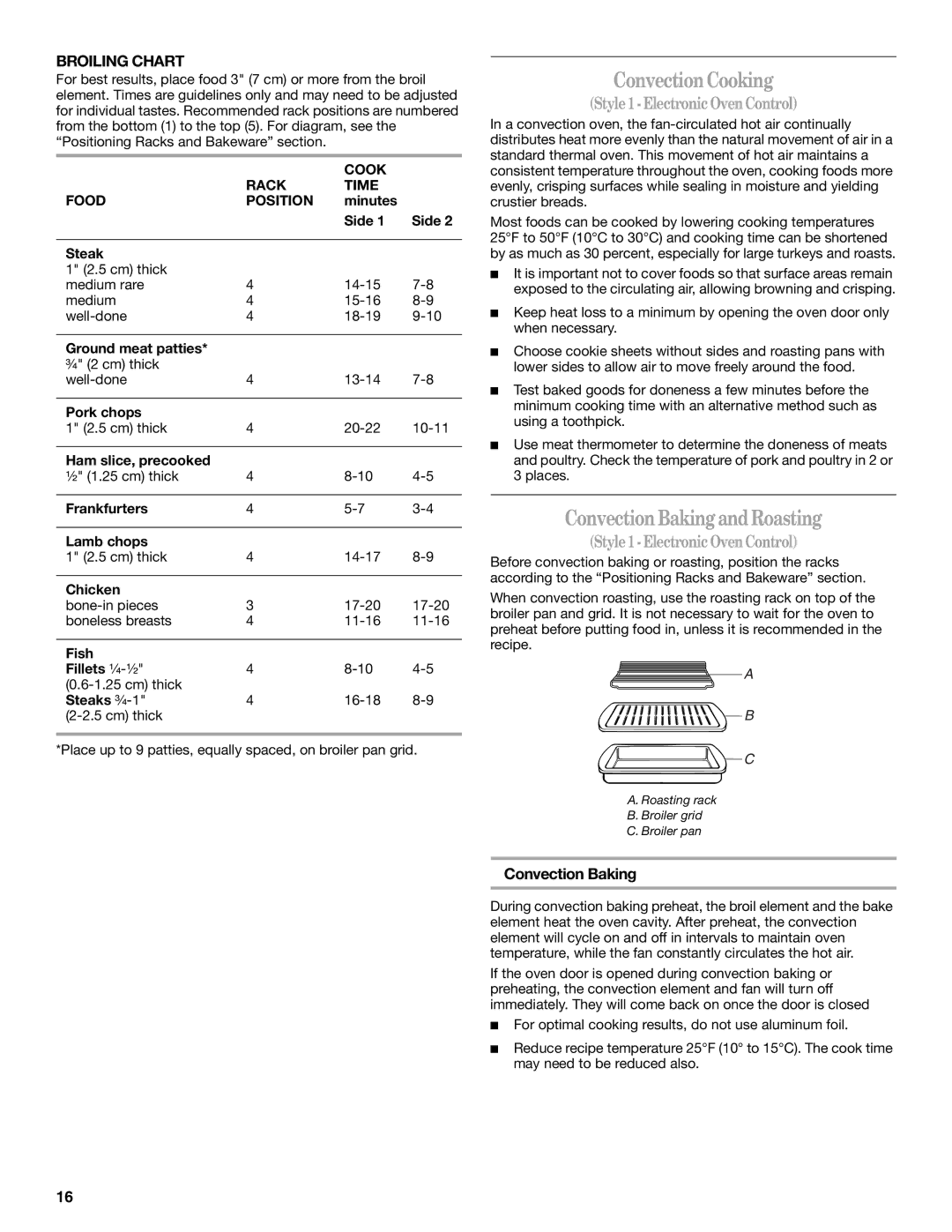 Whirlpool GERC4110PB0 Convection Cooking, Convection BakingandRoasting, Style1- ElectronicOvenControl, Broiling Chart 