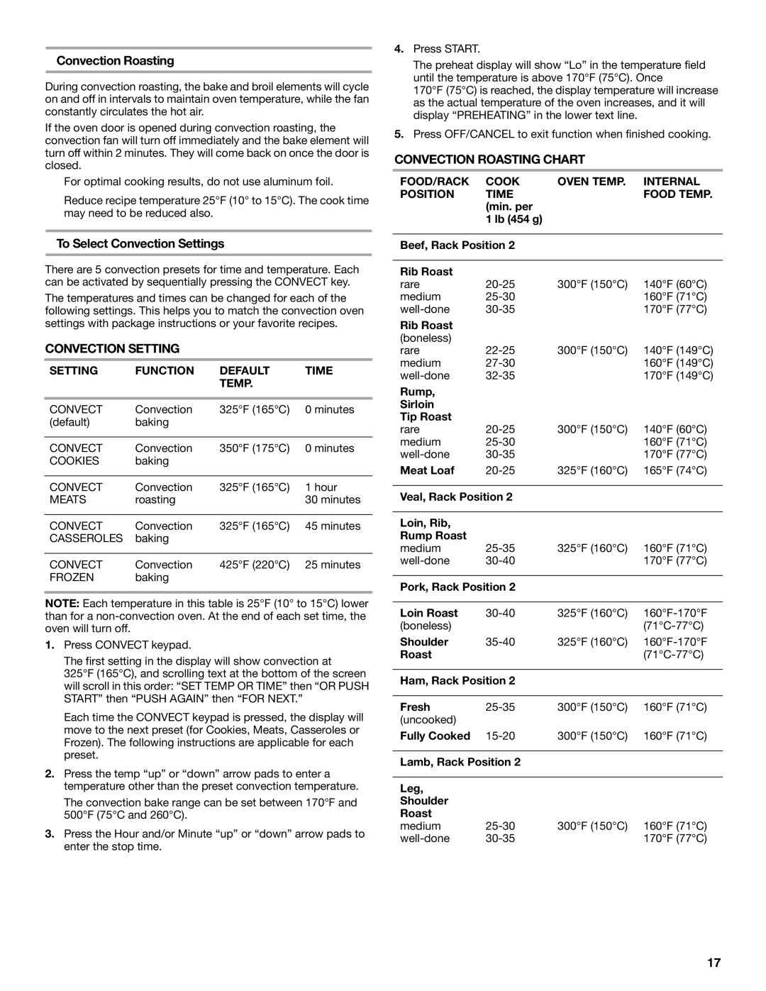 Whirlpool GERC4110PB0 manual To Select Convection Settings, Convection Roasting Chart 