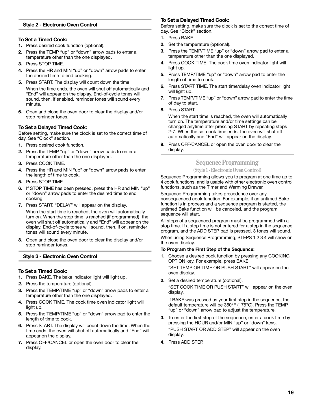 Whirlpool GERC4110PB0 manual SequenceProgramming, Style 2 Electronic Oven Control To Set a Timed Cook 
