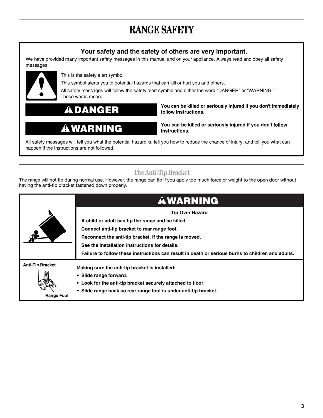 Whirlpool GERC4110PB0 manual Range Safety, TheAnti-TipBracket 