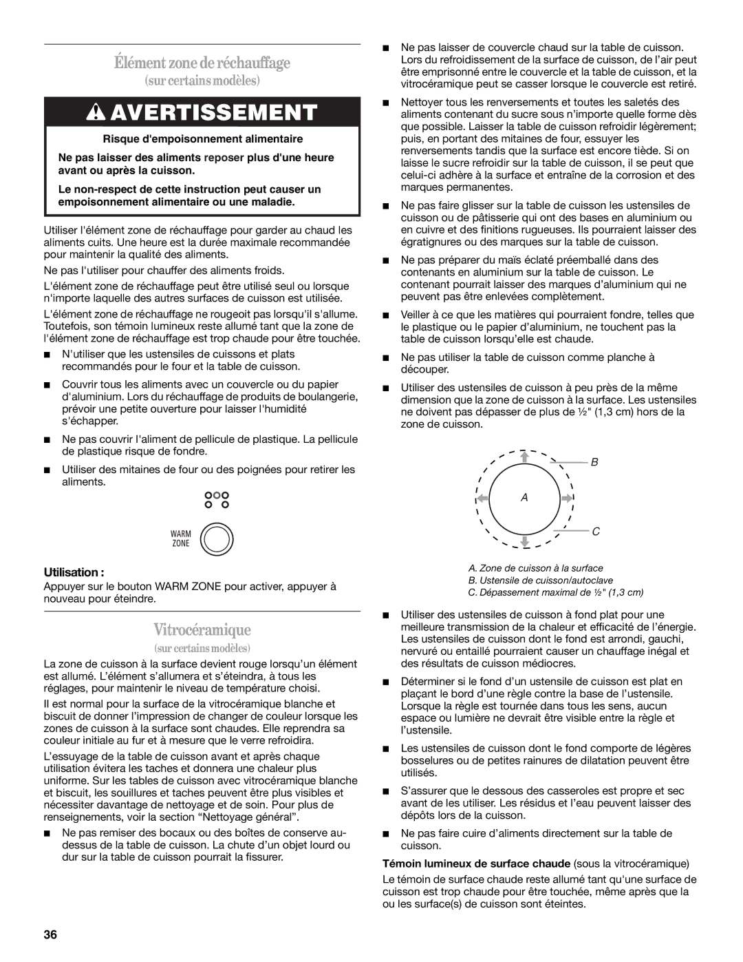 Whirlpool GERC4110PB0 manual Élémentzonederéchauffage, Vitrocéramique, Utilisation 