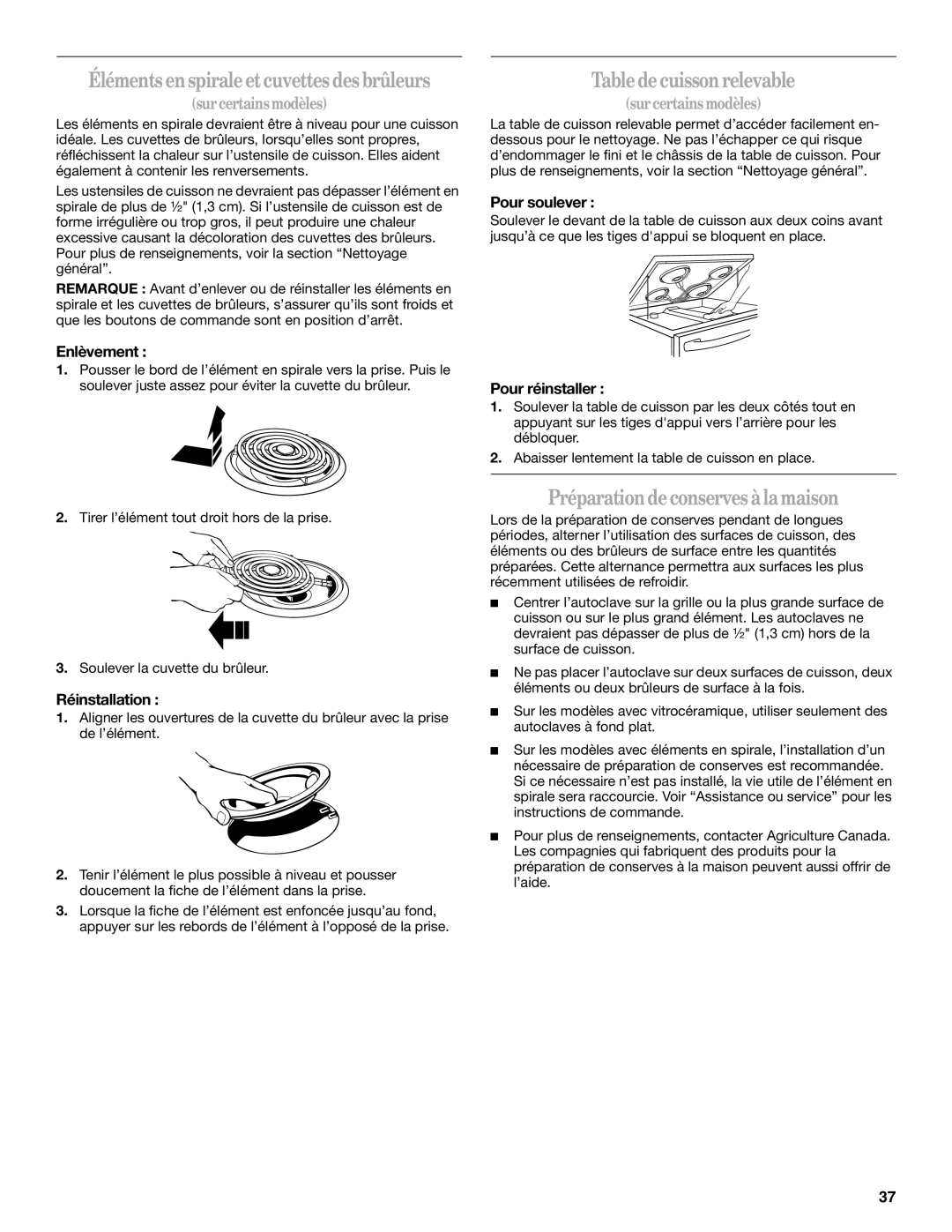 Whirlpool GERC4110PB0 Éléments enspiraleetcuvettes des brûleurs, Tabledecuissonrelevable, Préparationdeconserves àlamaison 