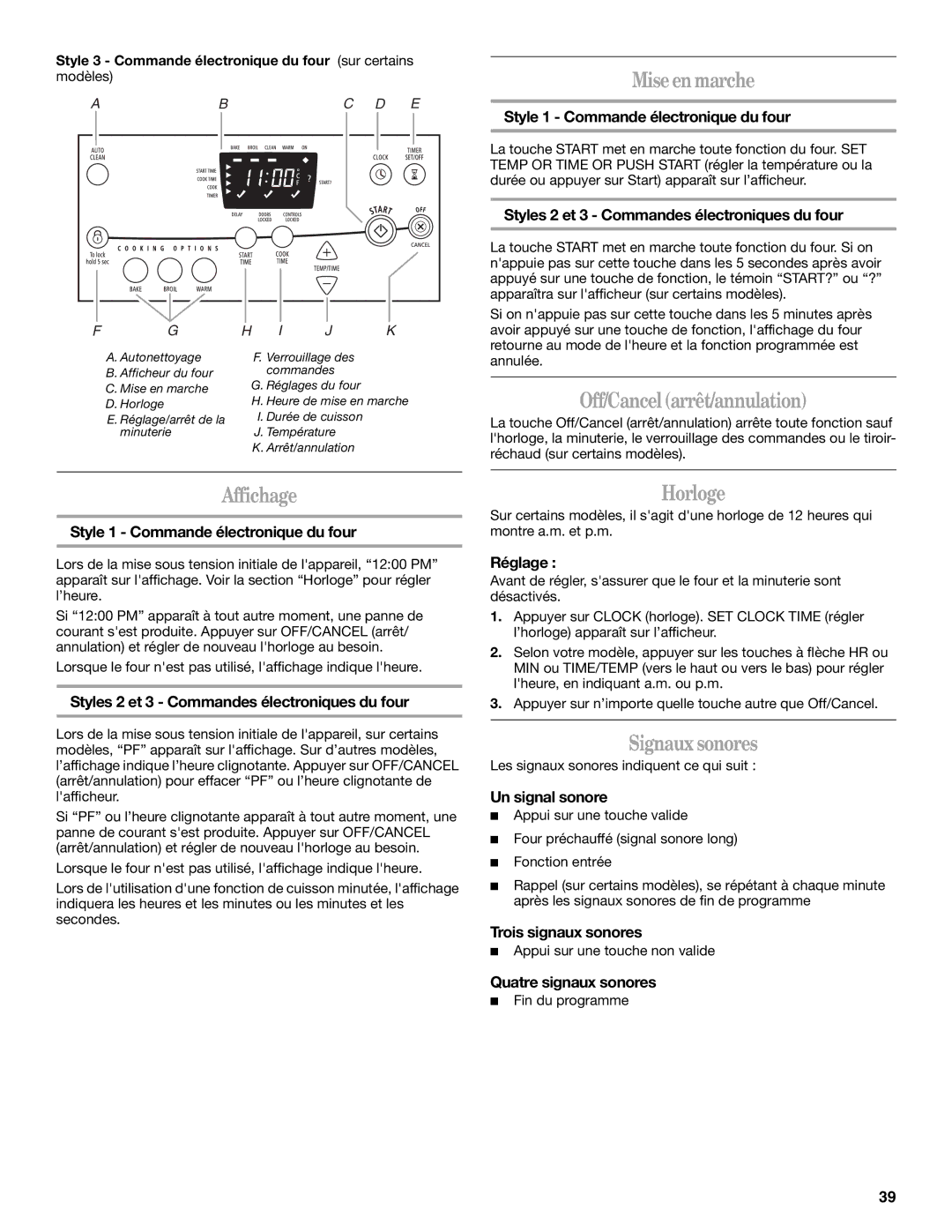 Whirlpool GERC4110PB0 manual Miseen marche, Off/Cancelarrêt/annulation, Affichage, Horloge, Signaux sonores 