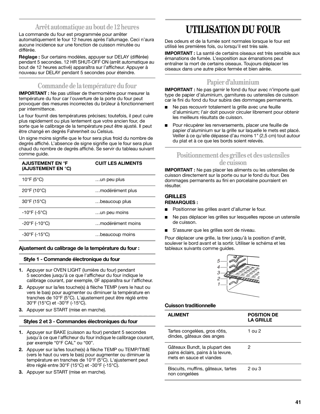 Whirlpool GERC4110PB0 manual Utilisation DU Four, Arrêtautomatiqueauboutde12heures, Commandedelatempératuredu four 