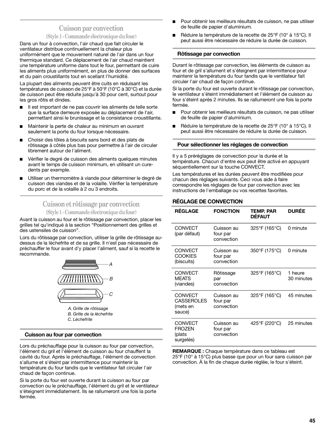 Whirlpool GERC4110PB0 manual Cuissonparconvection, Cuissonetrôtissageparconvection, Style1- Commande électronique dufour 