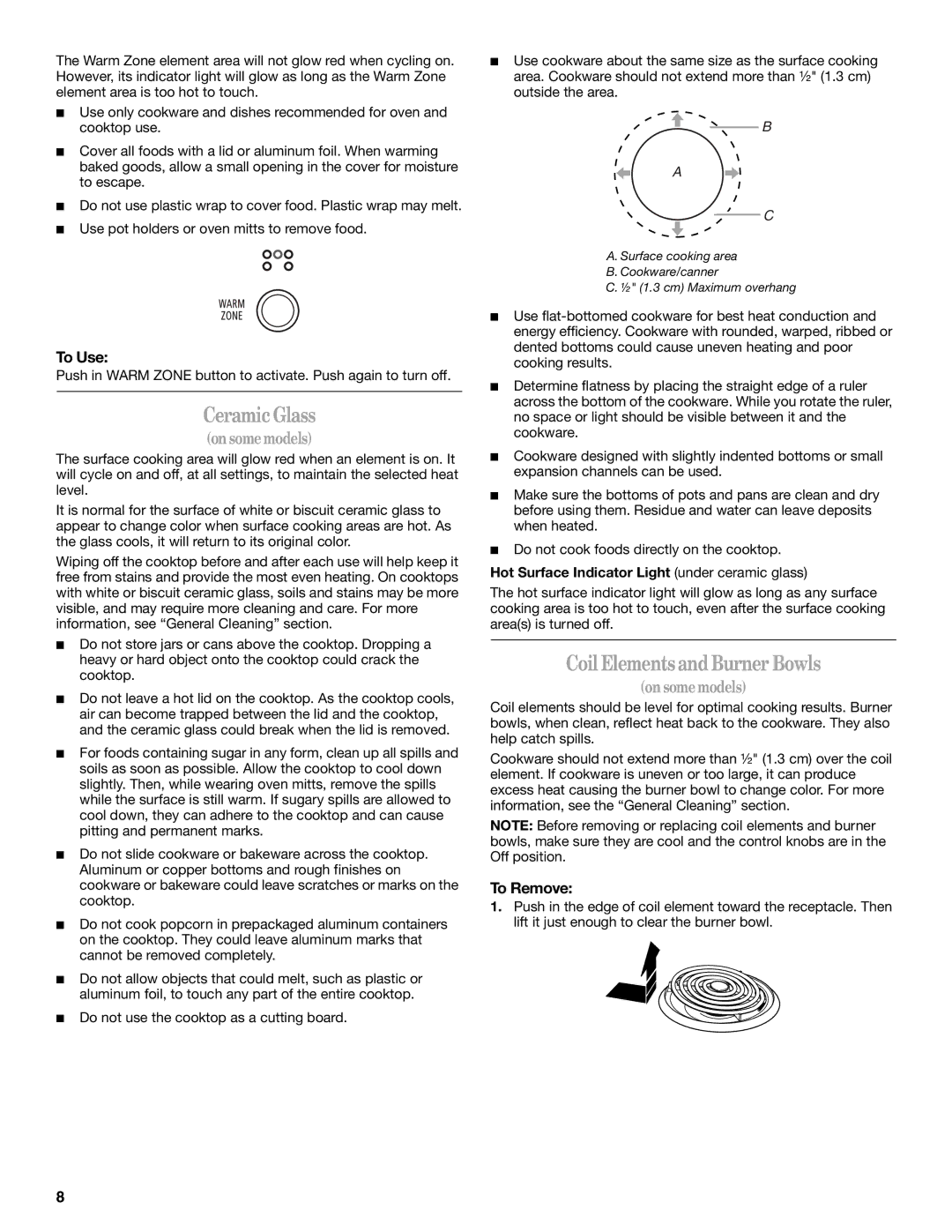 Whirlpool GERC4110PB0 manual CeramicGlass, Coil ElementsandBurner Bowls, To Use, To Remove 